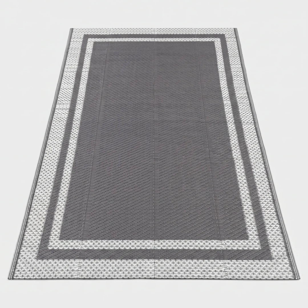 Gray outdoor rug with geometric pattern for patio flooring