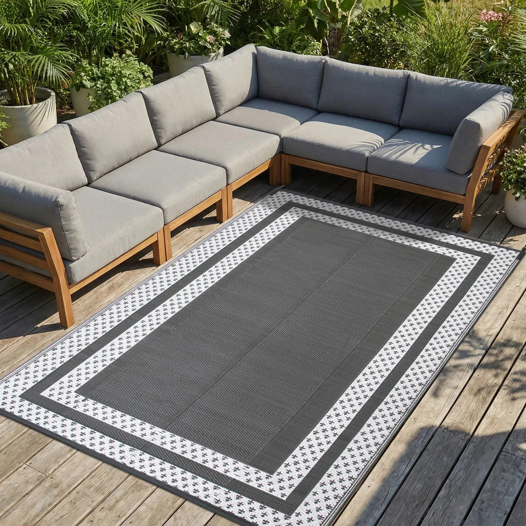 Modern rectangular outdoor mat styling a backyard space