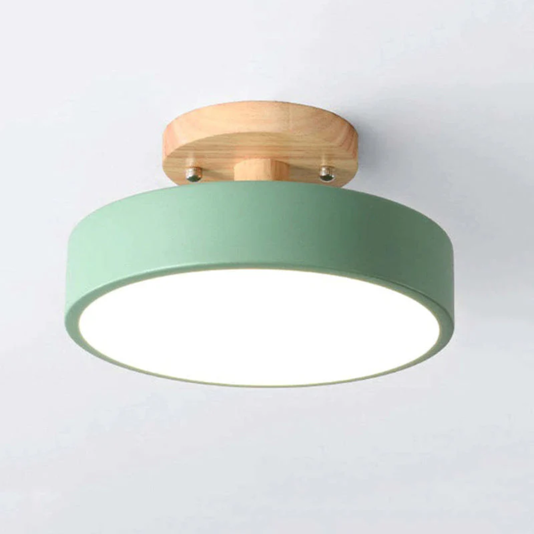 Modern lamp turned on in a stylish bedroom, providing soft and even interior illumination