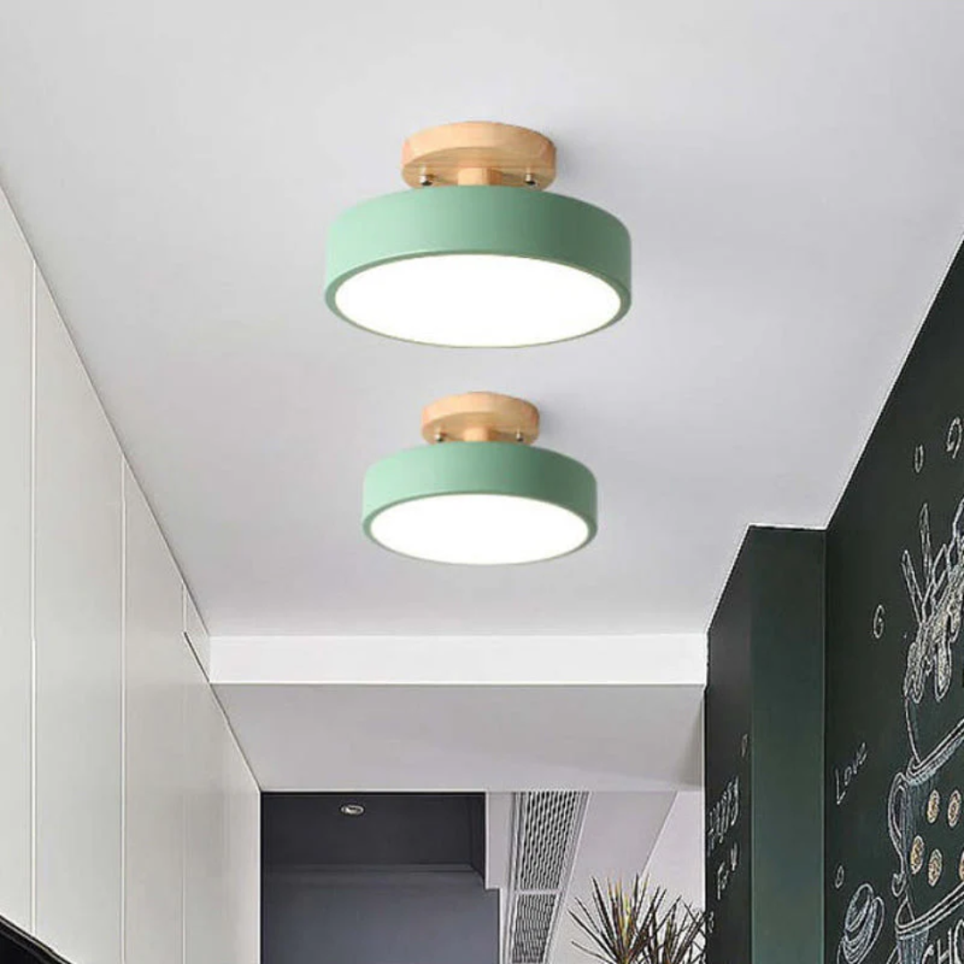 Wooden ceiling lamp mounted in a hallway, demonstrating versatile home decor style