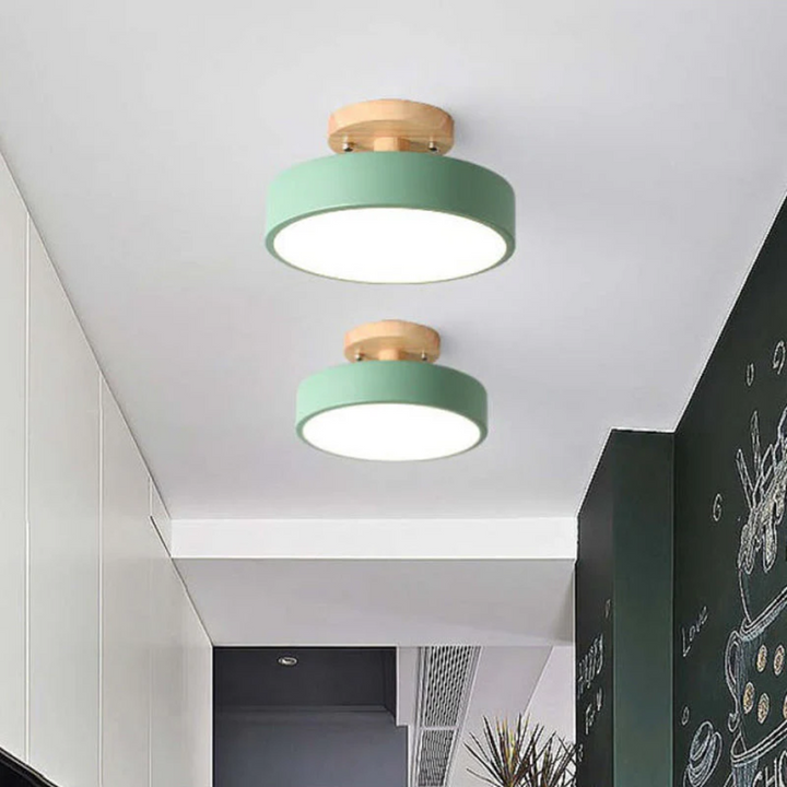 Wooden ceiling lamp mounted in a hallway, demonstrating versatile home decor style