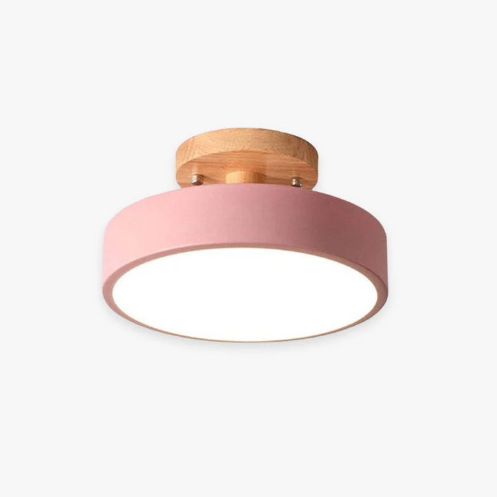 Minimalist ceiling lamp showcasing its elegant circular wooden frame detail