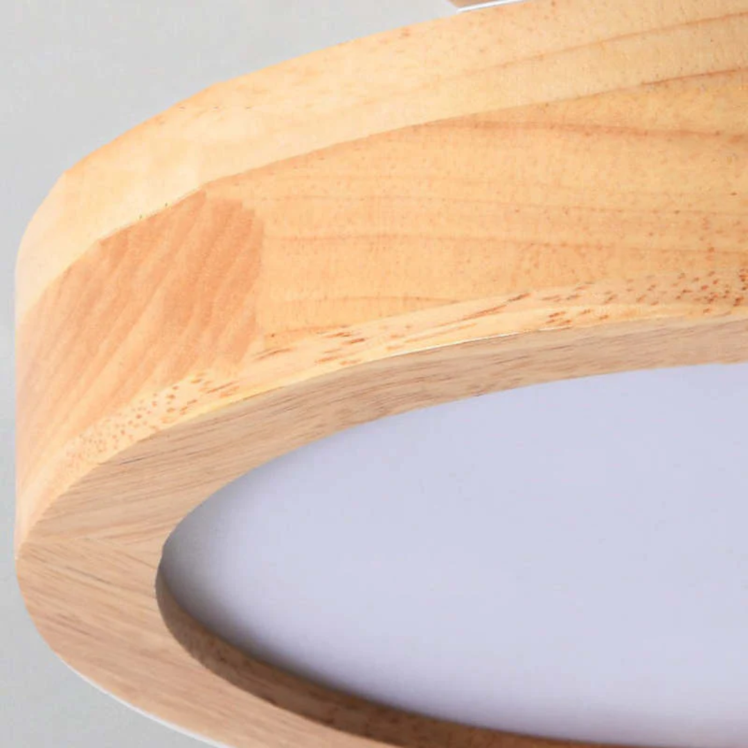 Modern round LED ceiling light casting bright warm illumination in a cozy living room