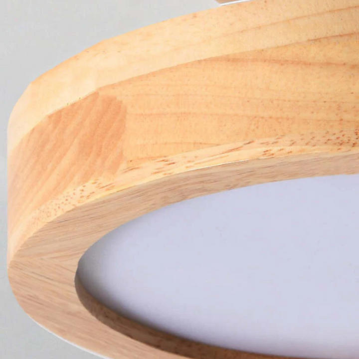 Modern round LED ceiling light casting bright warm illumination in a cozy living room