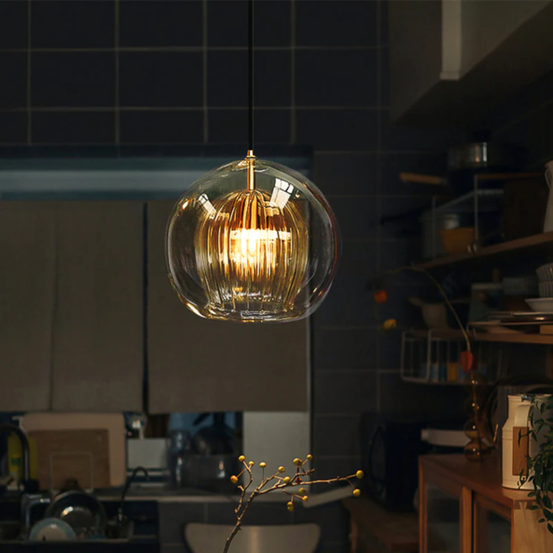 Interior lighting showcase of the amber glass pendant lamp in a hallway