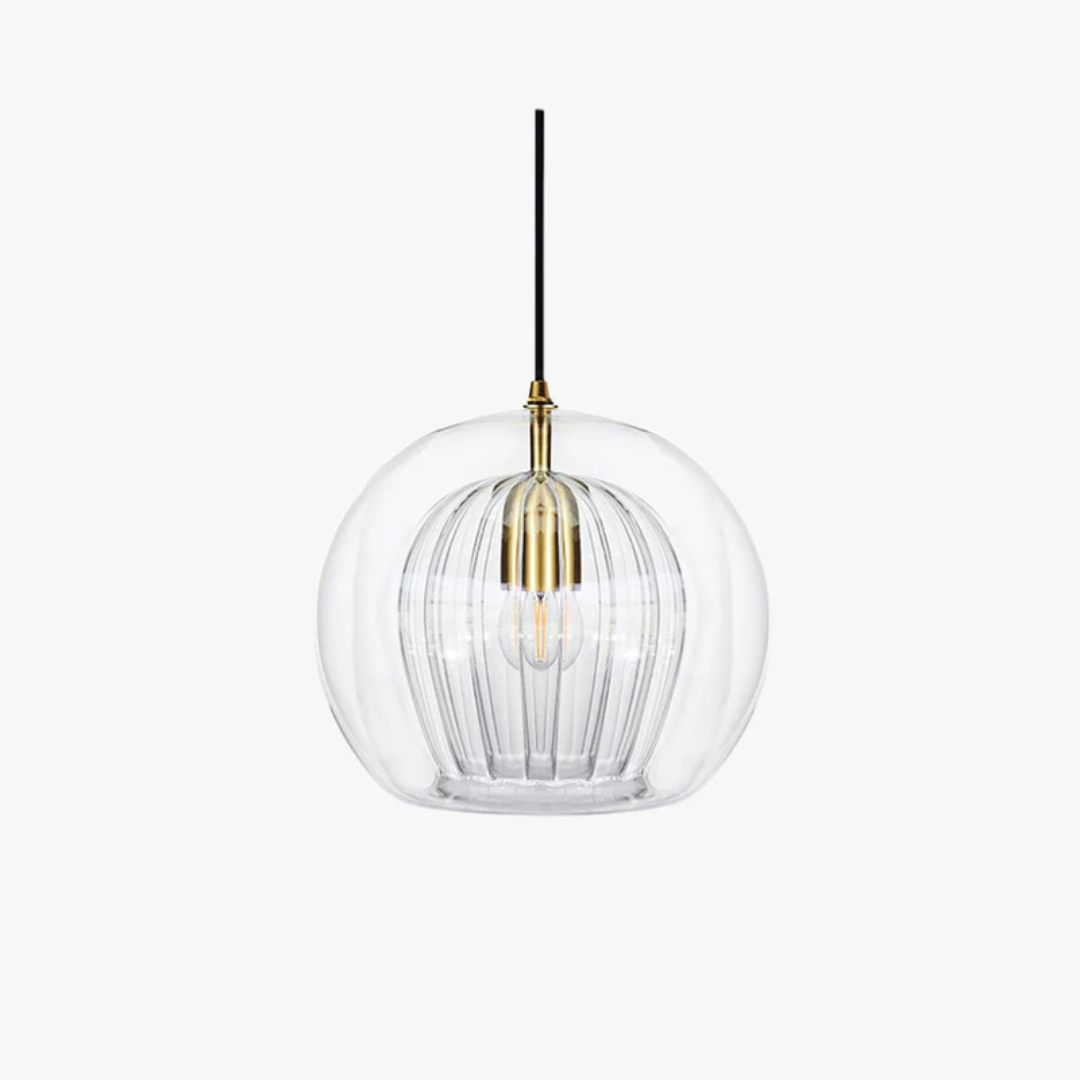 Full perspective of the spherical LED hanging light fixture in a loft