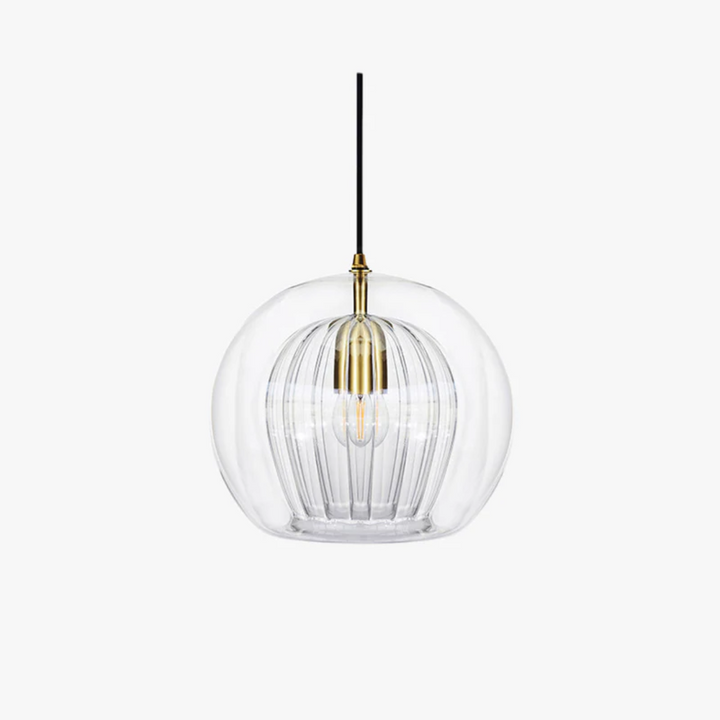 Full perspective of the spherical LED hanging light fixture in a loft