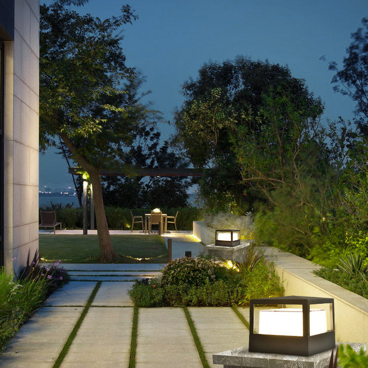 Contemporary outdoor pathway light showing energy efficient LED panel