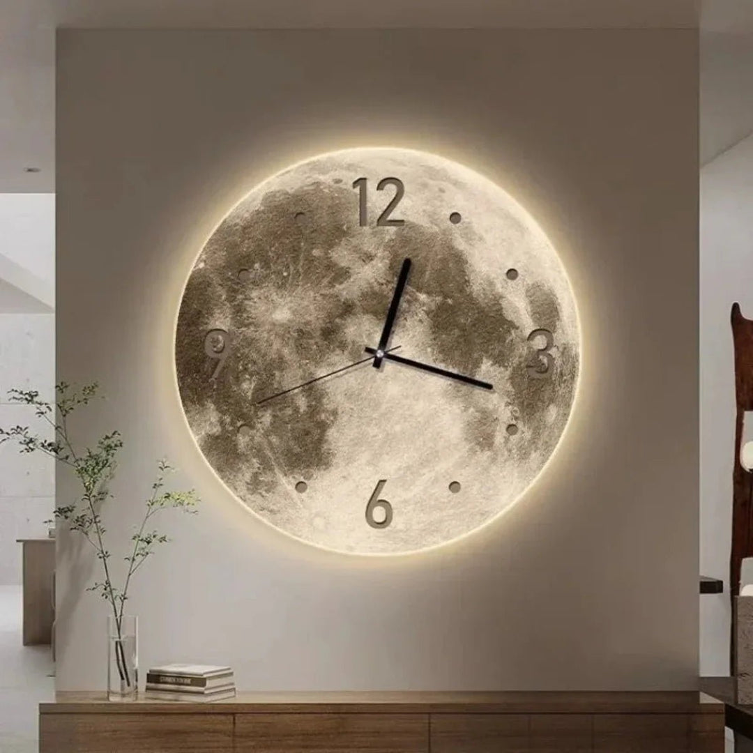 Modern night sky wooden wall clock mounted on a neutral living room wall with ambient lighting turned on