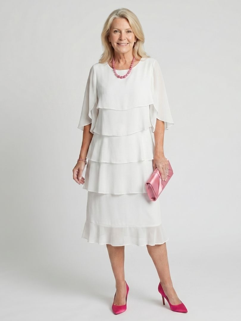 Detailed view of the round neck on the elegant tiered midi dress
