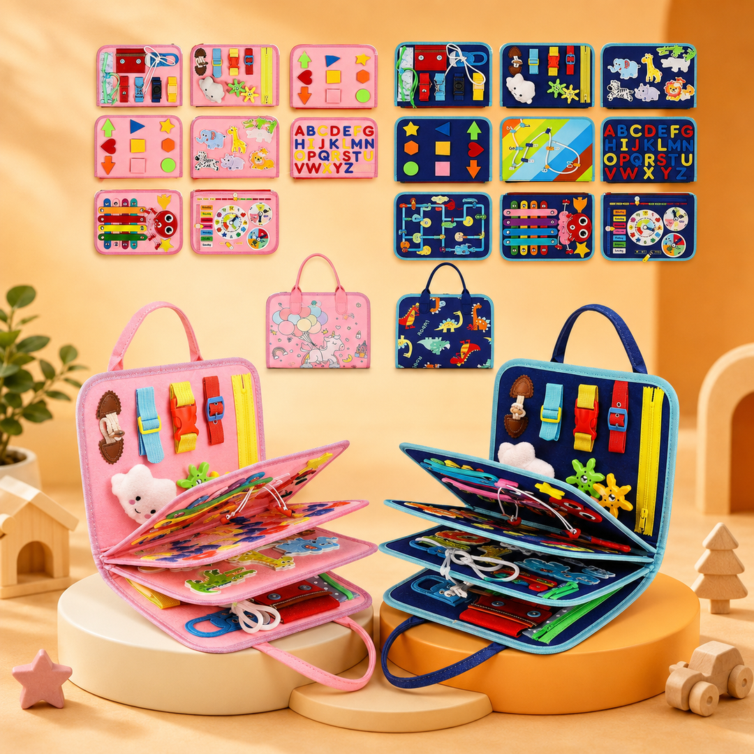 Pink and blue Montessori busy board learning toys displayed on display podiums
