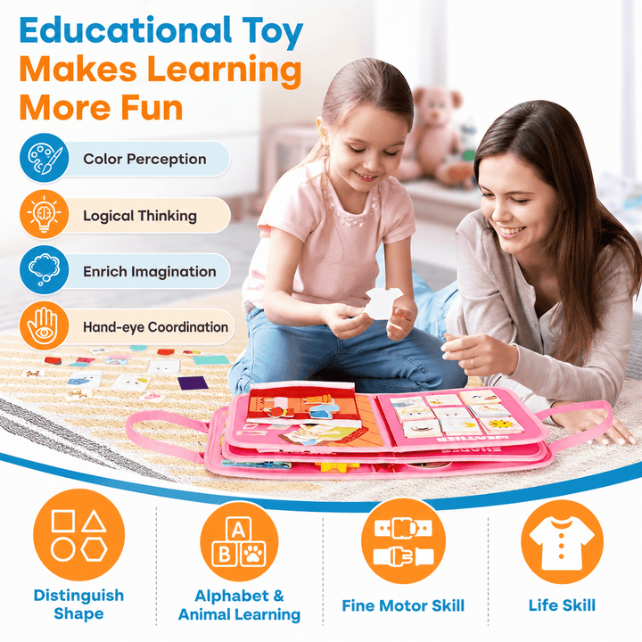 Toddler Montessori busy board open showing zipper and buckle learning activities