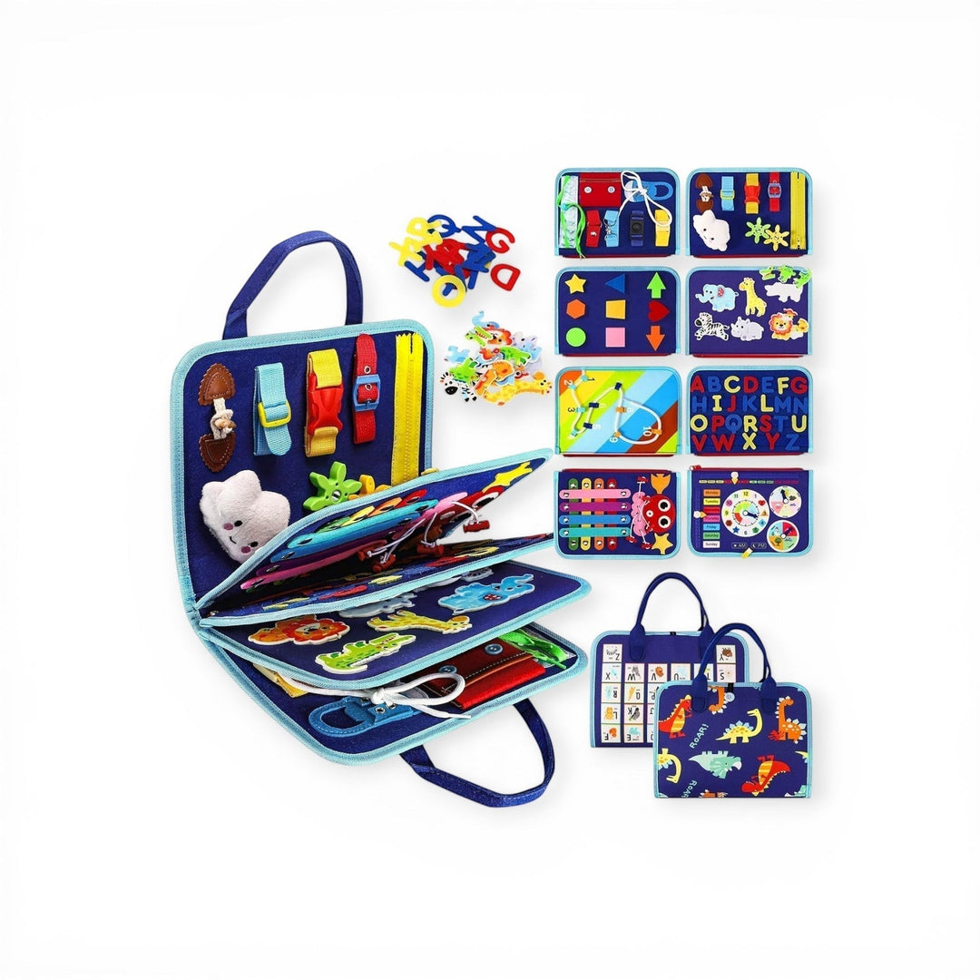 Blue Montessori busy board open displaying interactive activity pages and puzzle pieces