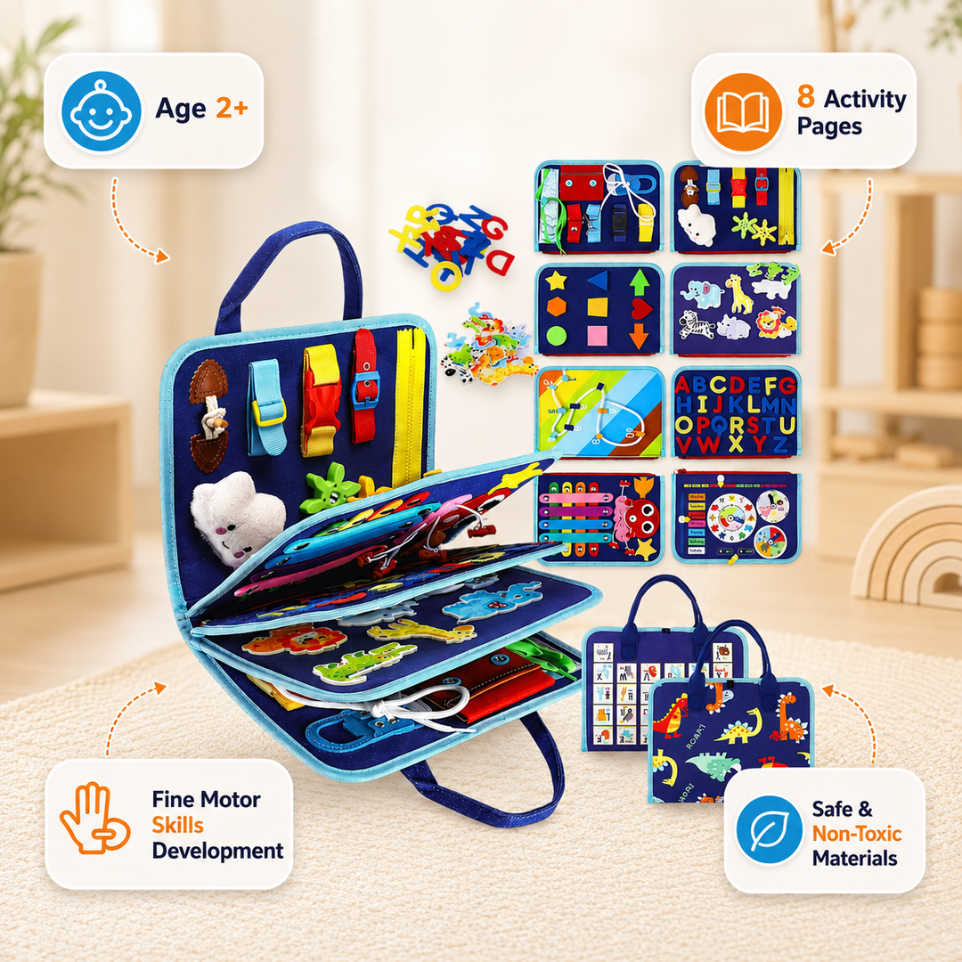 Child playing with educational busy board developing fine motor skills