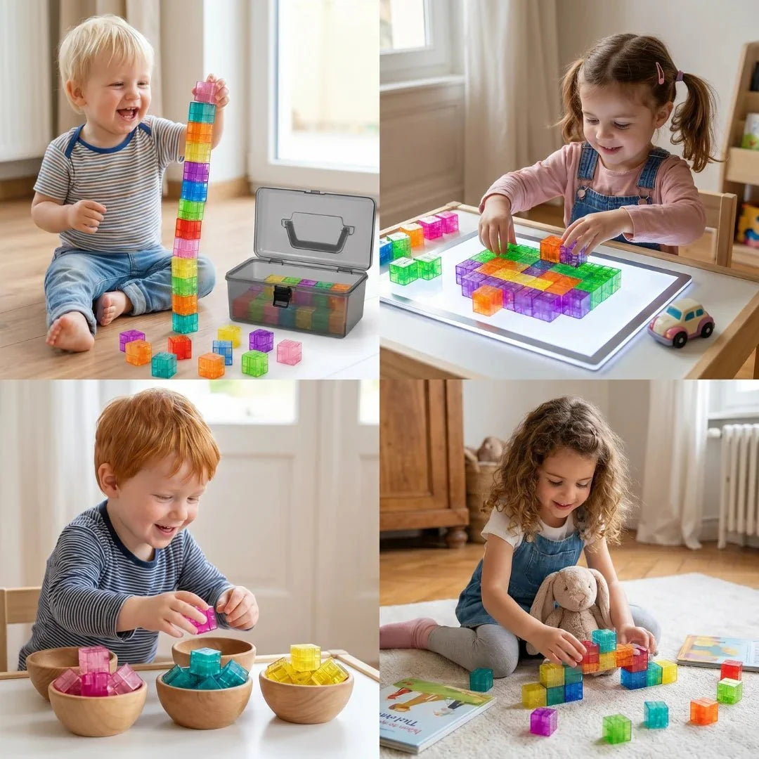 Collage showing children engaged in educational sorting and building play with cubes