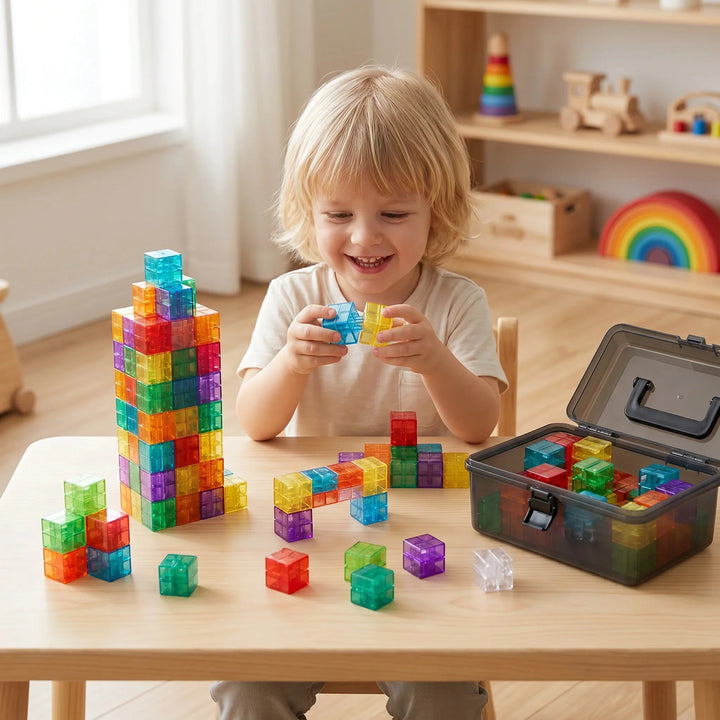Young boy happily building a tall tower with colorful translucent cubes at a table