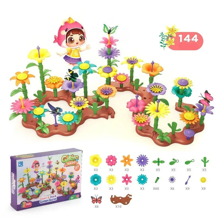 Kids Montessori Flower Building Set with 144 pieces displayed with packaging and parts breakdown