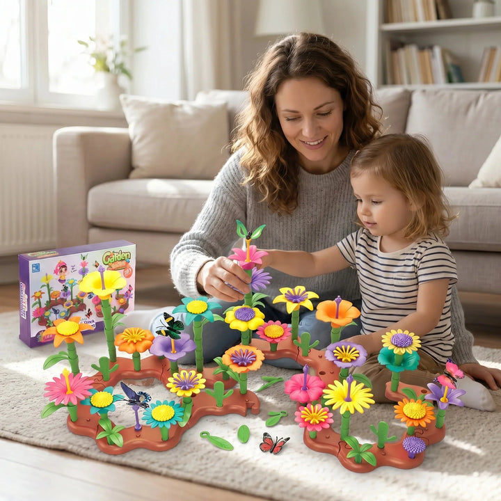 Kids stacking colorful petals in a Montessori flower building toy set for creative play