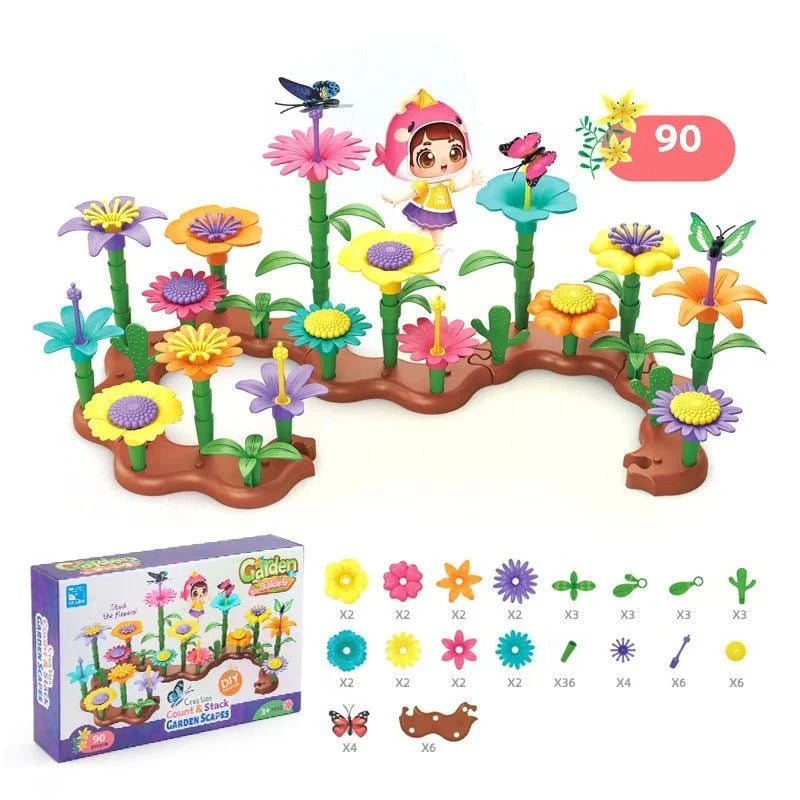 Kids Montessori Flower Building Set with 90 pieces displayed with packaging and parts breakdown