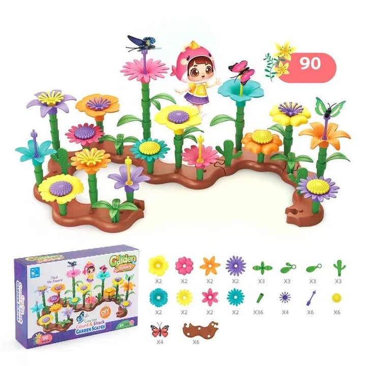 Kids Montessori Flower Building Set with 90 pieces displayed with packaging and parts breakdown