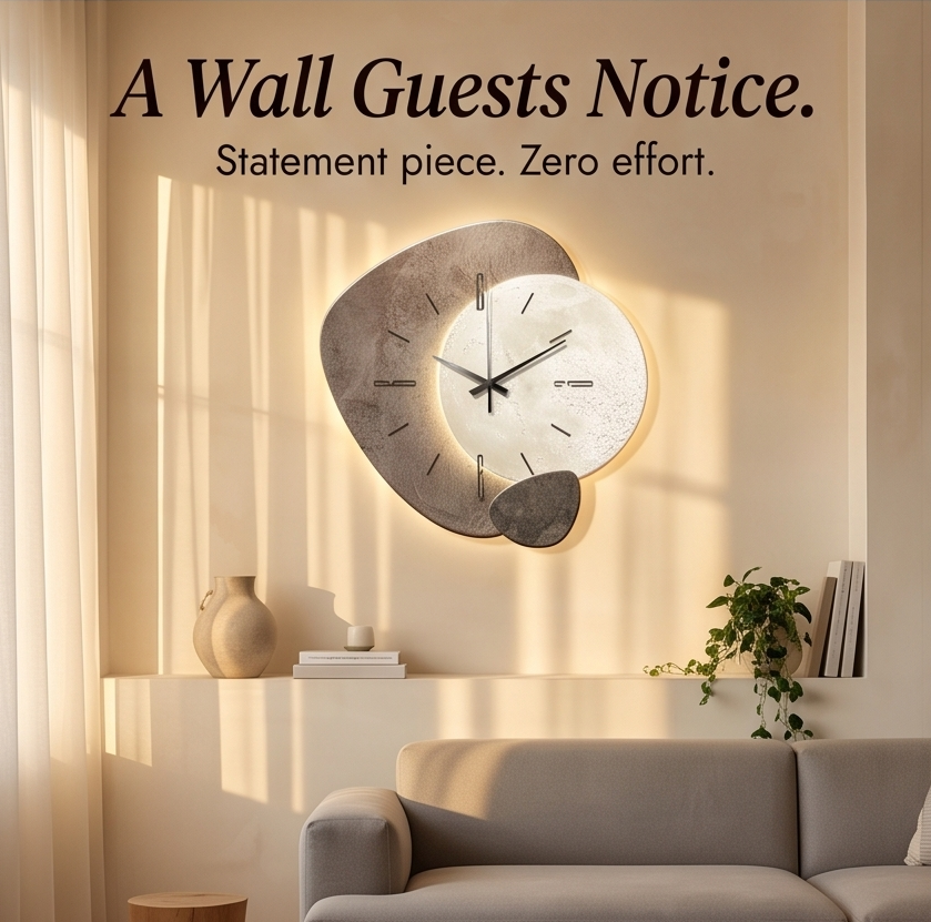 Ambient glowing moon wall clock displayed in a cozy bedroom setting as a unique interior design accent piece