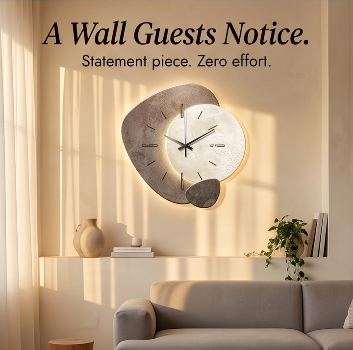 Ambient glowing moon wall clock displayed in a cozy bedroom setting as a unique interior design accent piece