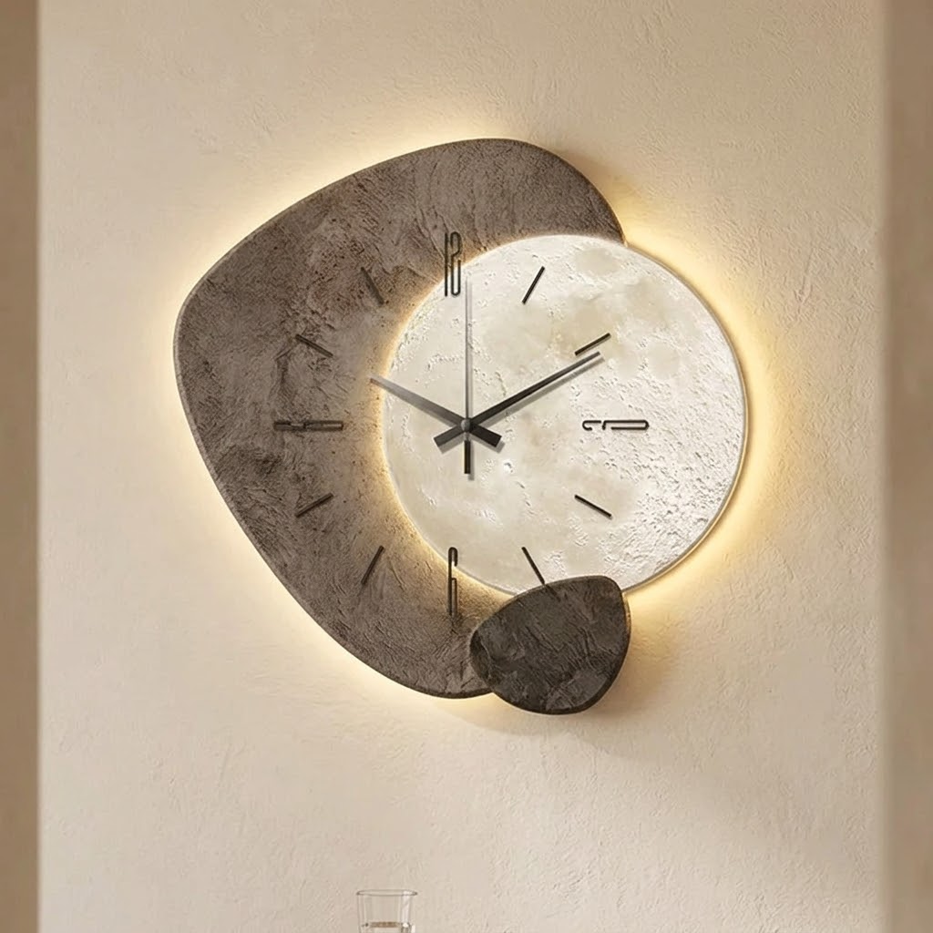 Decorative moon-lit wall clock mounted in a modern living room setting
