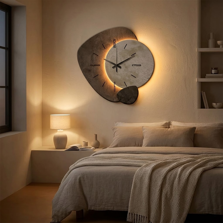 Close-up of the silent quartz movement hands against the glowing textured moon face of the decorative led clock