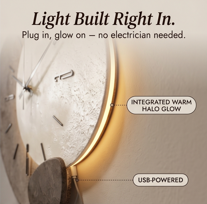 Modern glowing moon wall clock mounted in a living room, enhancing home decor with warm ambient lighting