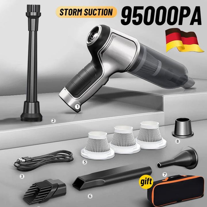 Cordless car vacuum cleaner with all included accessories and attachments laid out