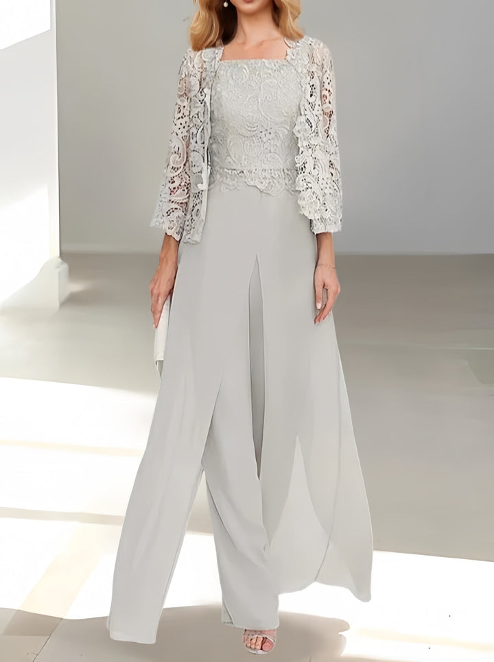 Front view of women wearing an elegant 3-piece gray pantsuit with matching jacket and wide-leg trousers
