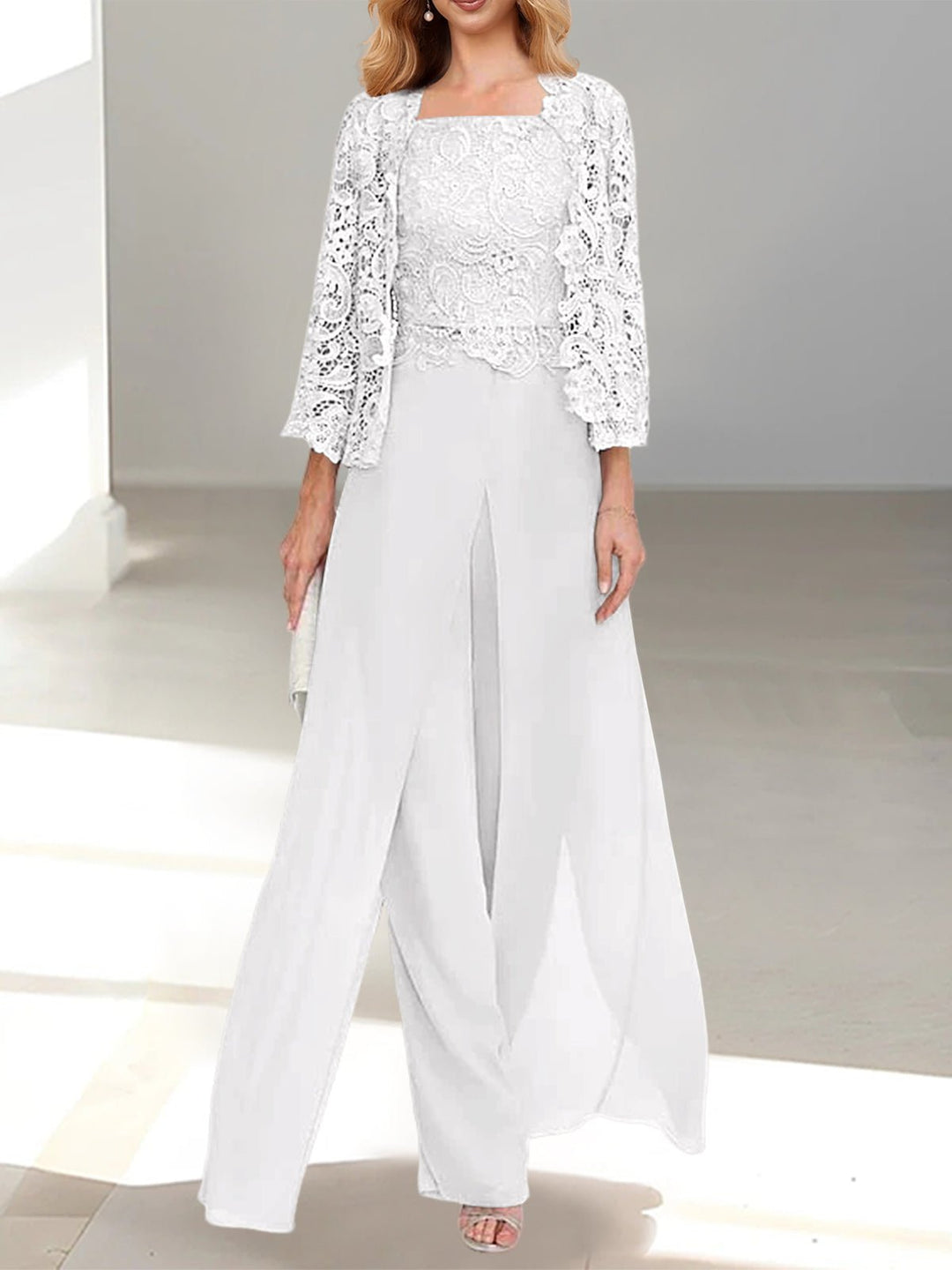 Stylish womens suit with tailored jacket and flowing pants