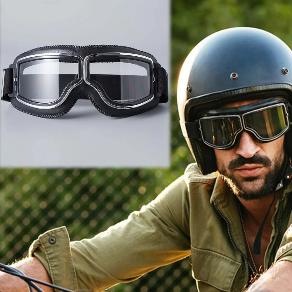 Man wearing vintage motorcycle goggles and a helmet while riding