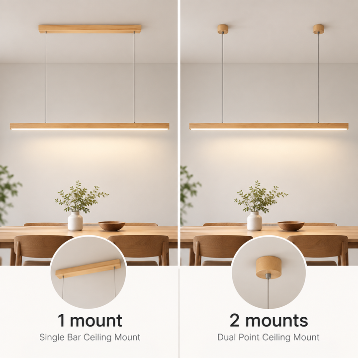 Illuminated wooden linear LED pendant light in a minimalist interior