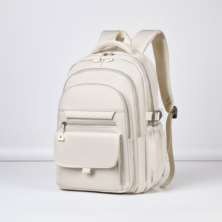 Off white multi layer laptop backpack shown from a three-quarter angle