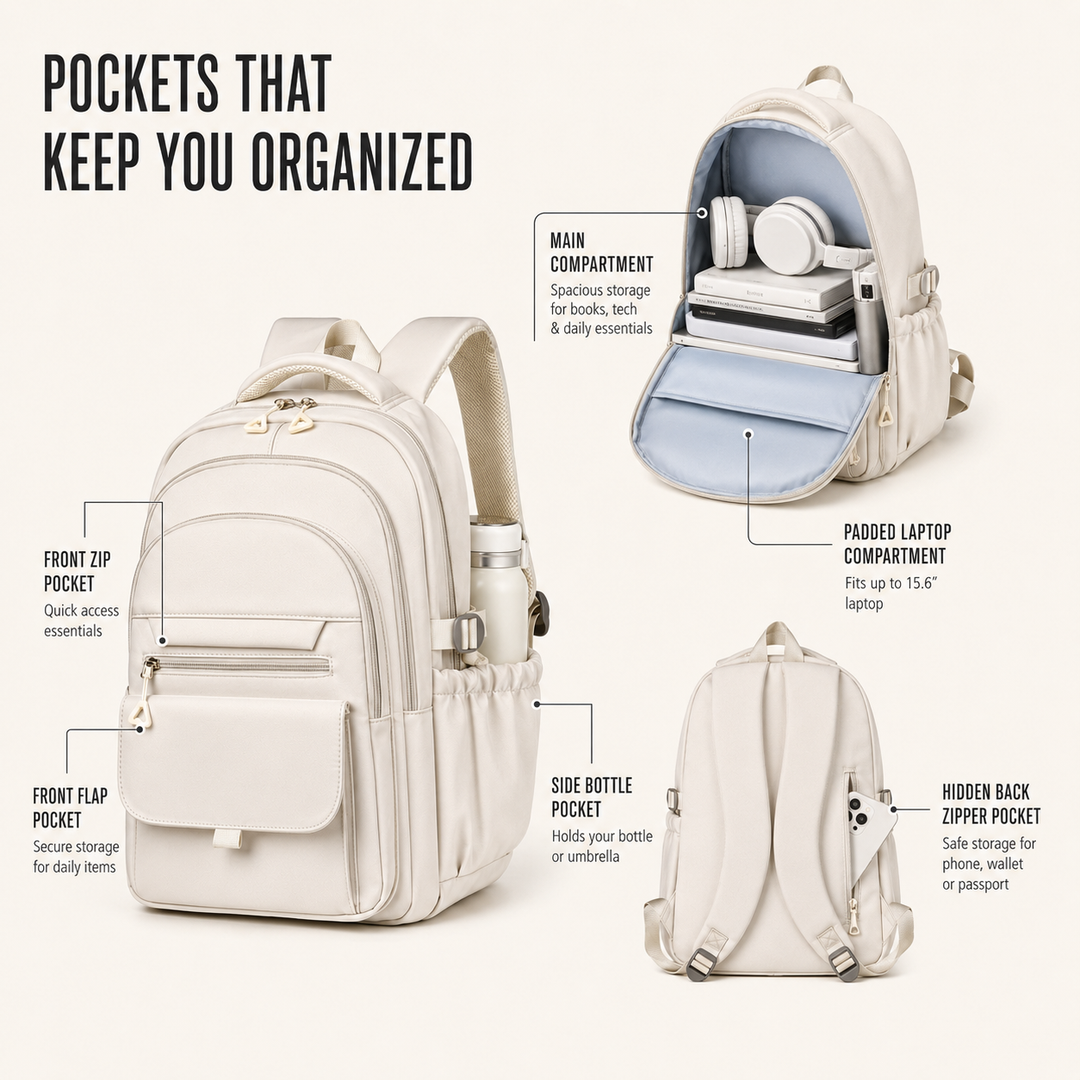Flat lay of accessories and multi layer backpack prepared for travel