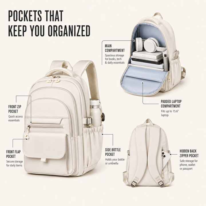 Flat lay of accessories and multi layer backpack prepared for travel