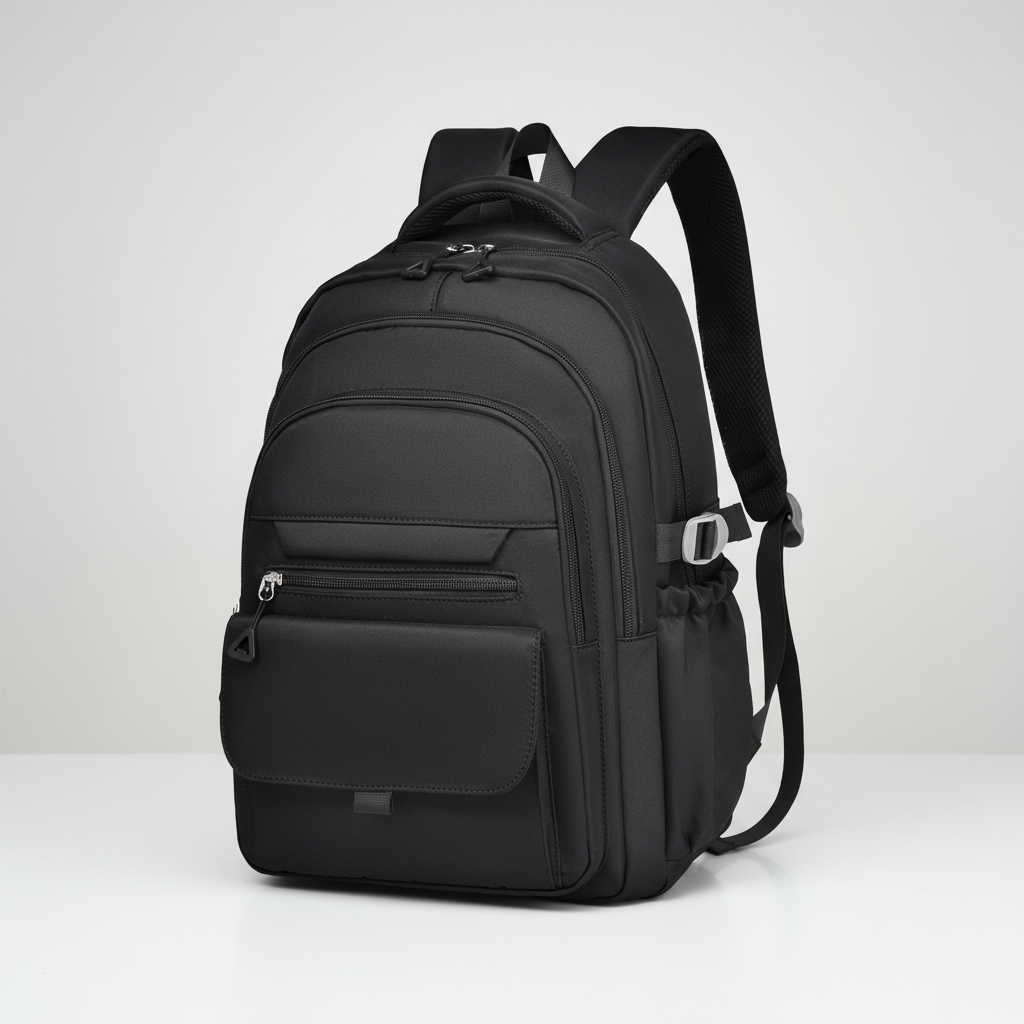 Black multi layer laptop backpack displayed against a neutral studio background