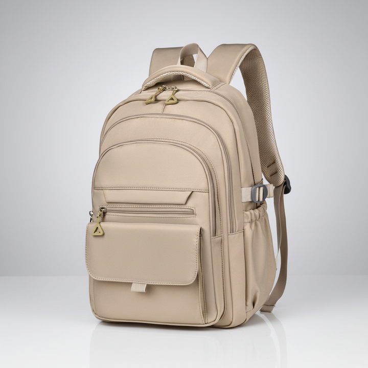 Khaki multi layer laptop backpack highlighting ergonomic shoulder straps and compartments
