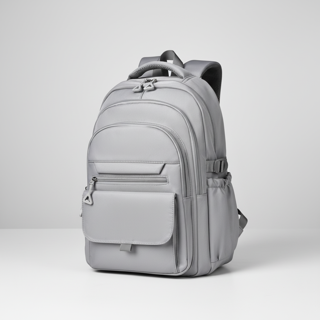 Side profile of unisex multi layer laptop backpack showing water resistant fabric