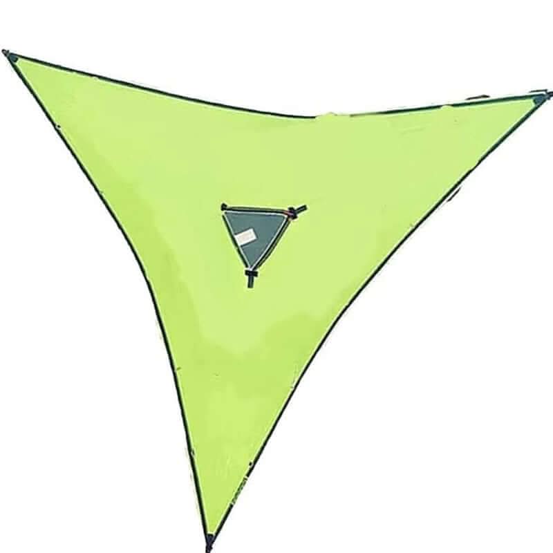 Bright green multi-person camping hammock suspended outdoors