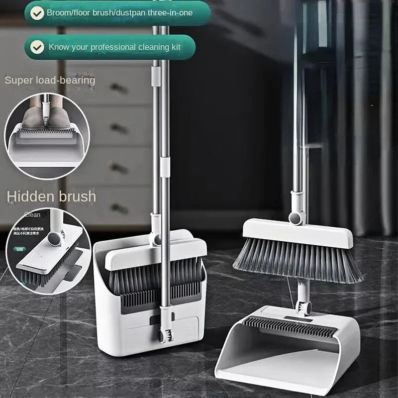 White multifunctional broom and dustpan set showing 3-in-1 cleaning features