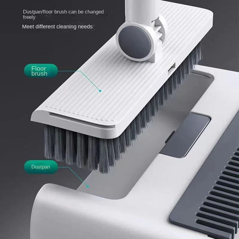 Multifunctional broom and dustpan set showing the built-in pet hair remover comb