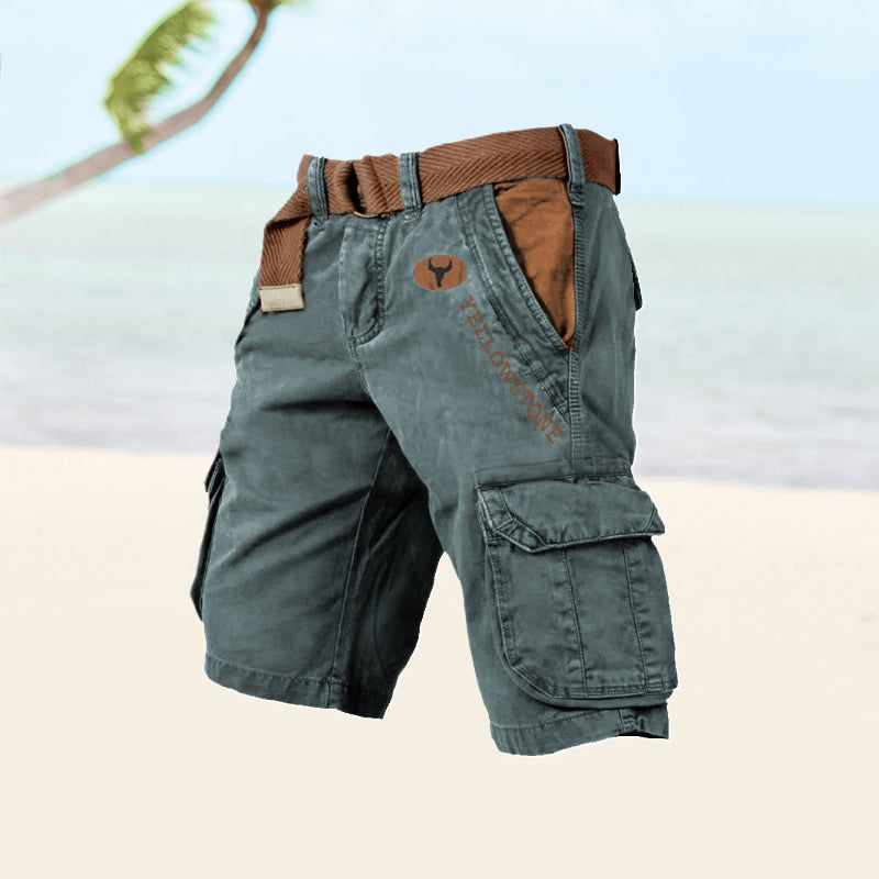 Men's green cargo shorts featuring durable stretch fabric