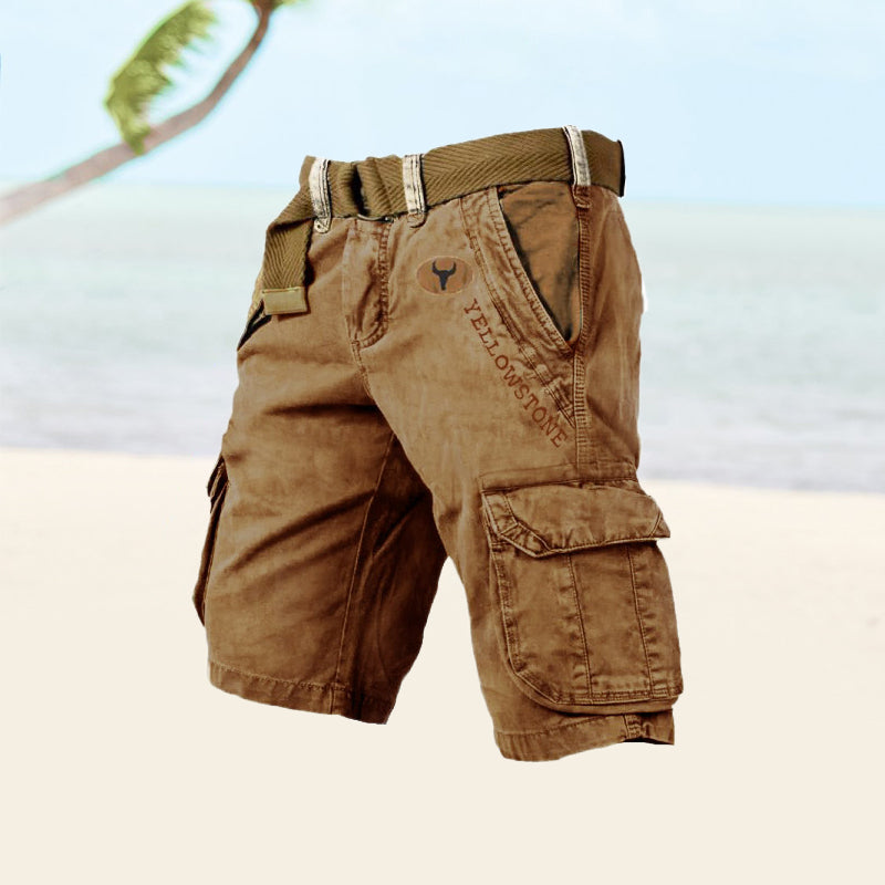 Mens multifunctional cargo shorts in casual beige, side pockets