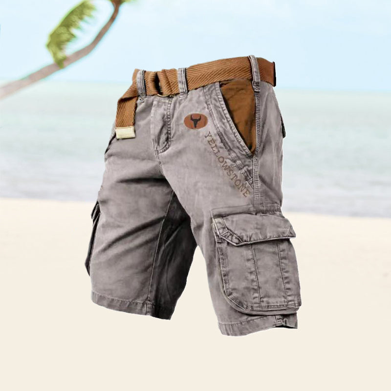 Outdoor clothing mens cargo shorts folded to show texture
