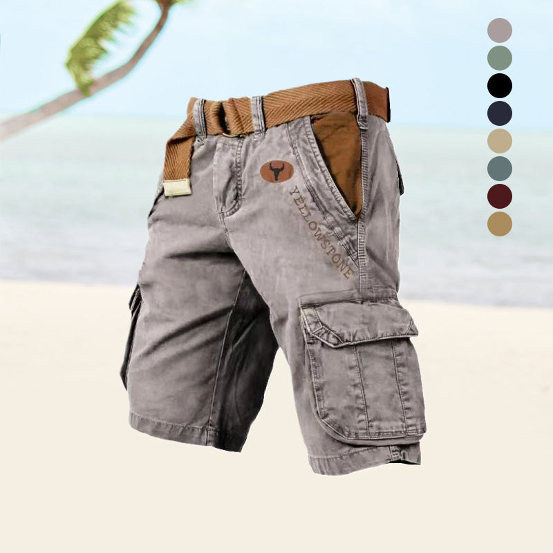 Men's grey cargo shorts with multiple utility pockets
