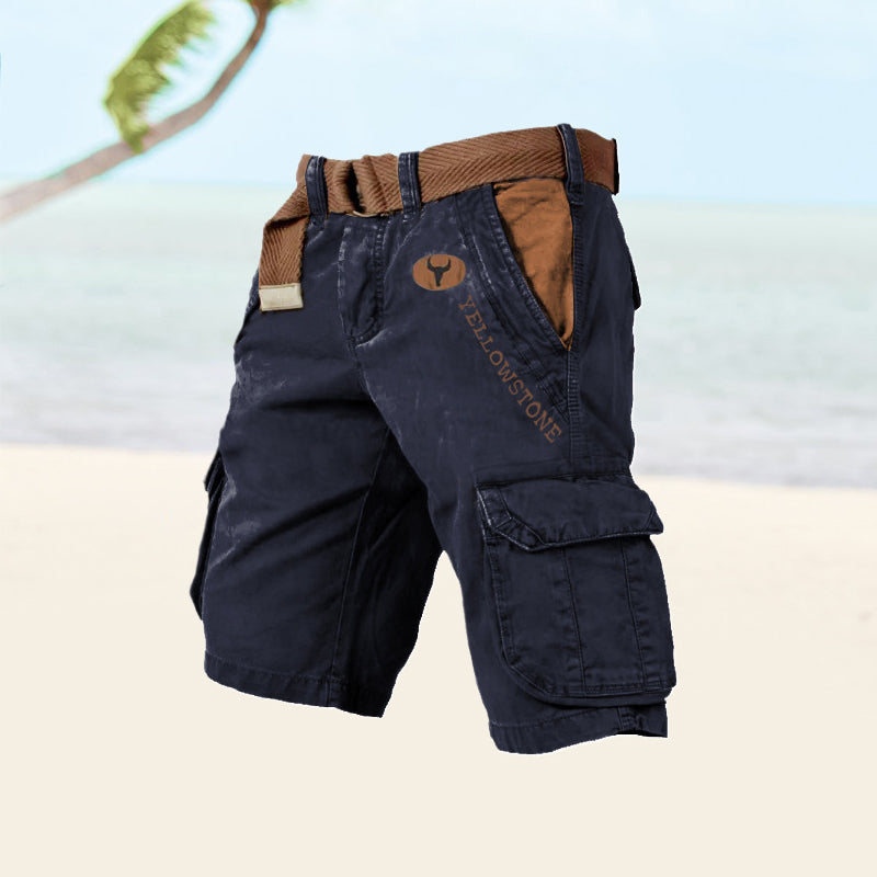 Close-up of fabric and button detail on mens cargo shorts