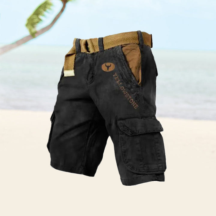 Summer fashion mens utility shorts, back view showing pockets