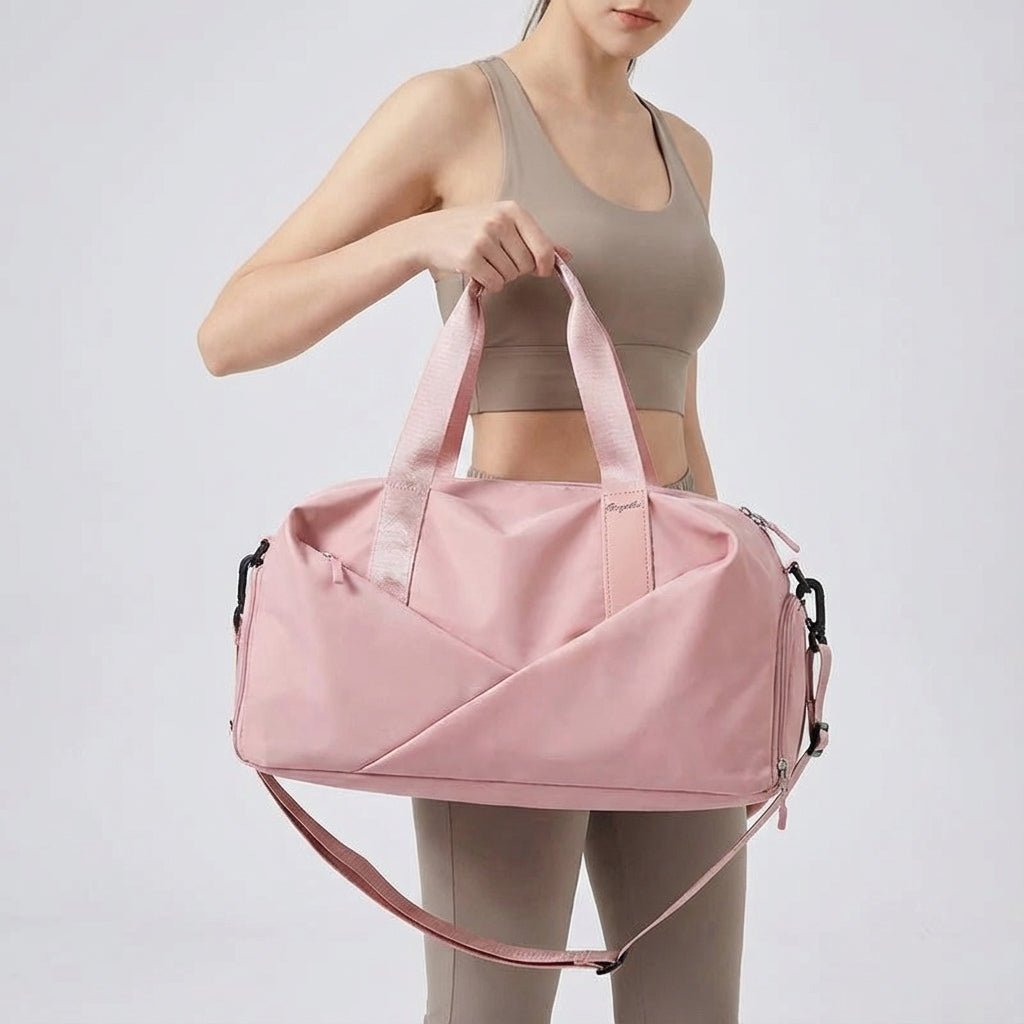 Versatile gym and travel duffel bag folded to show compact design